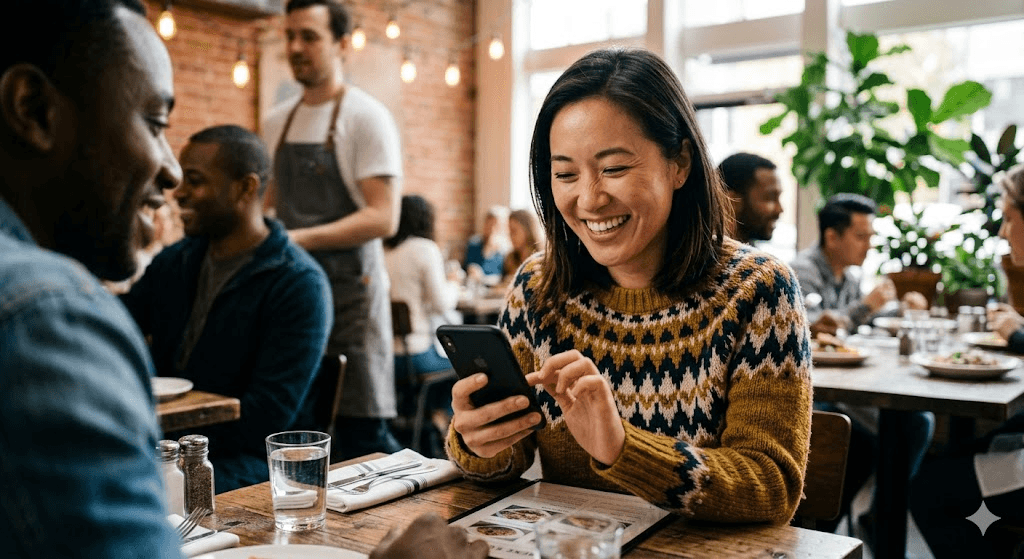 Guests enjoying a meal at a restaurant while using Gourmand on their phones