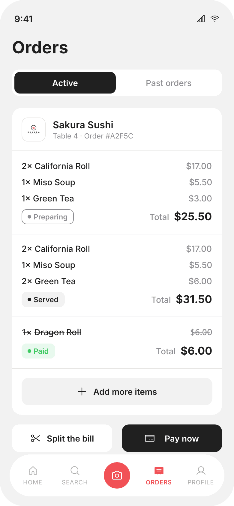Gourmand mobile app orders screen