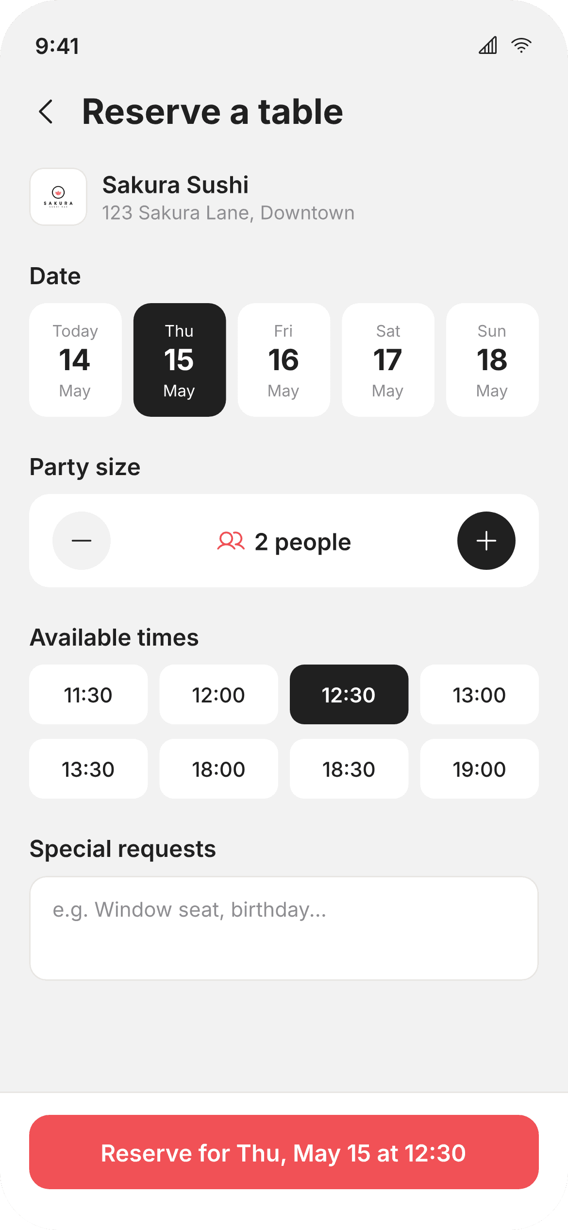 Reserve a table screen