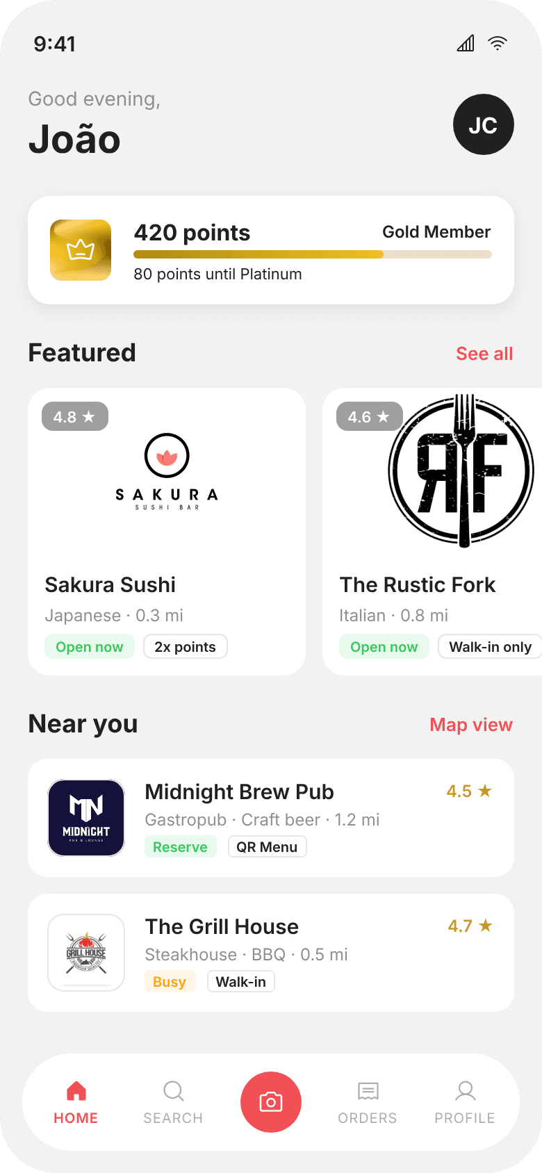 Gourmand mobile app home screen showing venue discovery